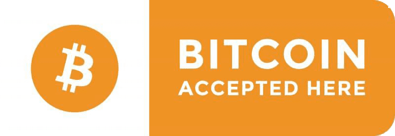 Sign displaying "bitcoin accepted here" with bitcoin logo on an orange background.