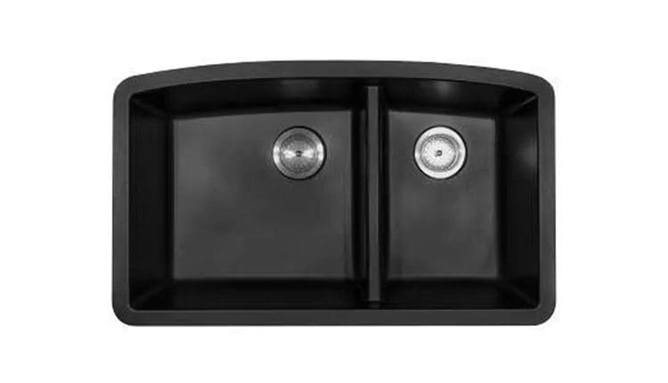 Top view of a black double basin kitchen sink from Any Top Shop Sinks with two drain holes.