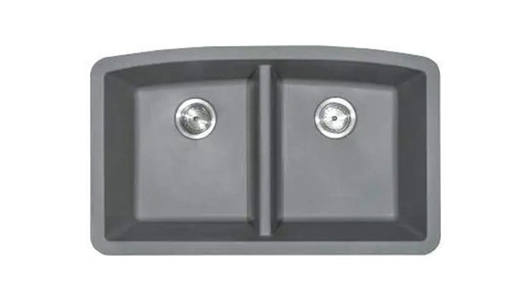 Double basin stainless steel kitchen sink from Any Top Shop Sinks with two faucets, viewed from above.