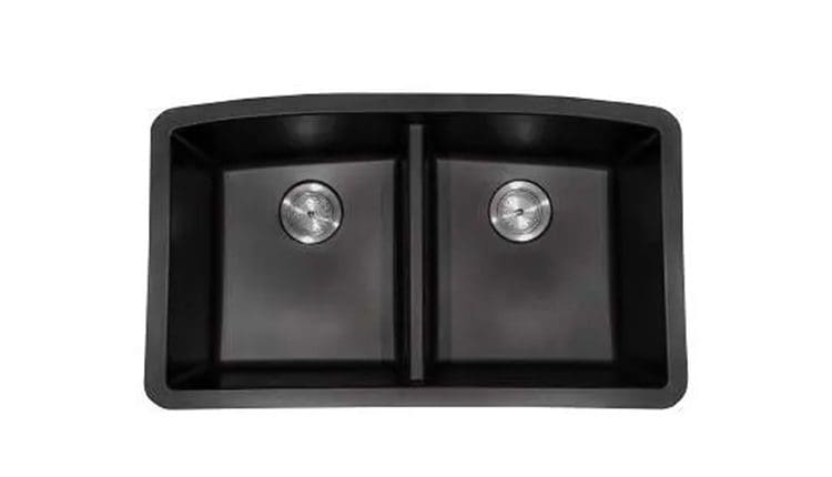 Double basin black kitchen sink from Any Top Shop Sinks with centered drains, viewed from above against a white background.