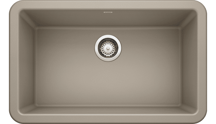 A beige Any Top Shop undermount kitchen sink with a centered drain, viewed from above.