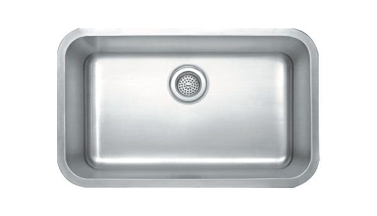 Top view of a stainless steel kitchen sink with a centered drain, isolated on a white background, available at Any Top Shop Sinks.