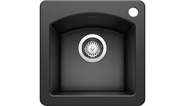 A black square Any Top Shop kitchen sink with a centered drain, viewed from above.