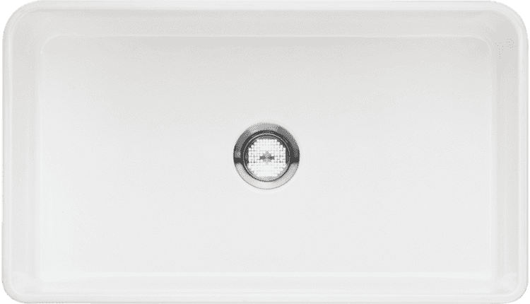 Top view of a white rectangular kitchen sink from Any Top Shop Sinks with a centered drain.