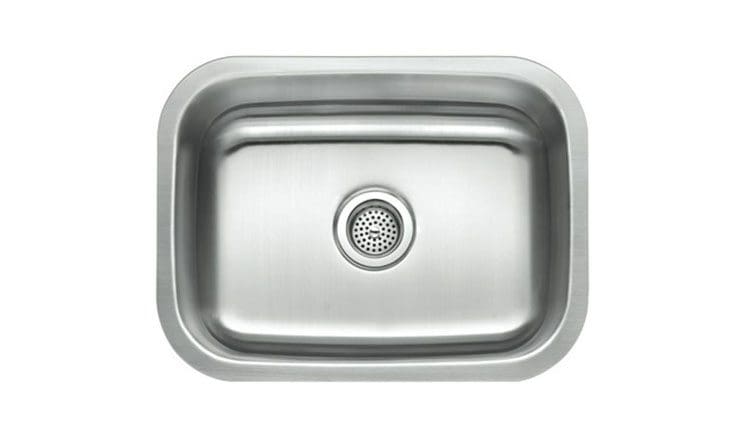 Overhead view of a stainless steel kitchen sink from Any Top Shop Sinks with a centered drain.