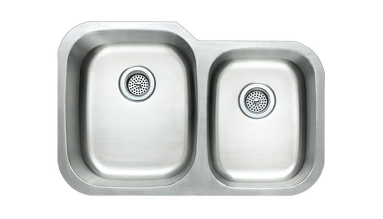 Any Top Shop stainless steel double basin kitchen sink with two different sized compartments.