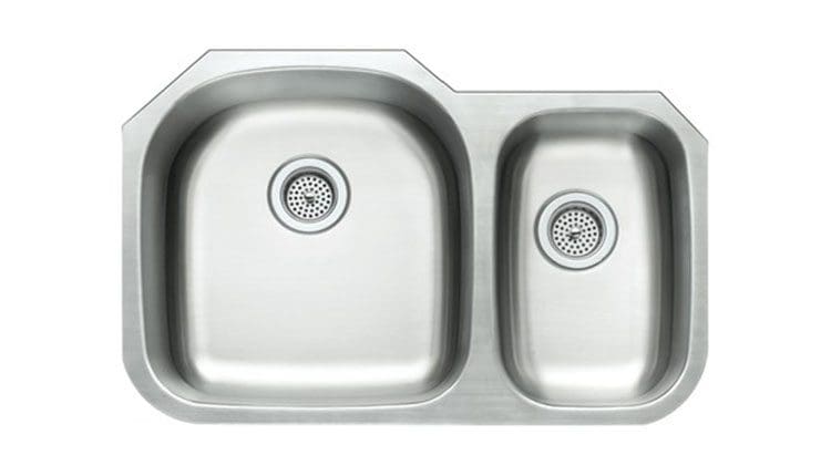 A stainless steel double basin kitchen sink from Any Top Shop Sinks with rounded corners and two separate drain holes, viewed from above.