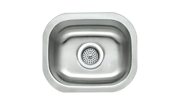 A single stainless steel kitchen sink from Any Top Shop Sinks with a visible drain and drain holes.