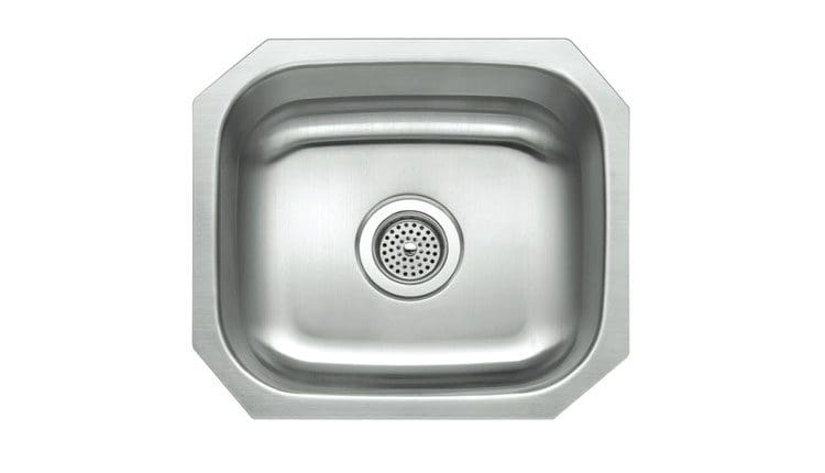 A stainless steel Any Top Shop kitchen sink with a drain viewed from above, showing an octagonal shape.