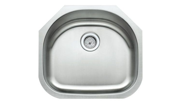 Top view of an empty stainless steel kitchen sink from Any Top Shop Sinks with a central drain, isolated on a white background.