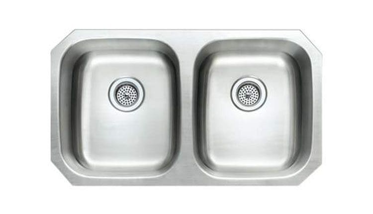 Any Top Shop stainless steel double basin kitchen sink with two drains, viewed from above on a white background.