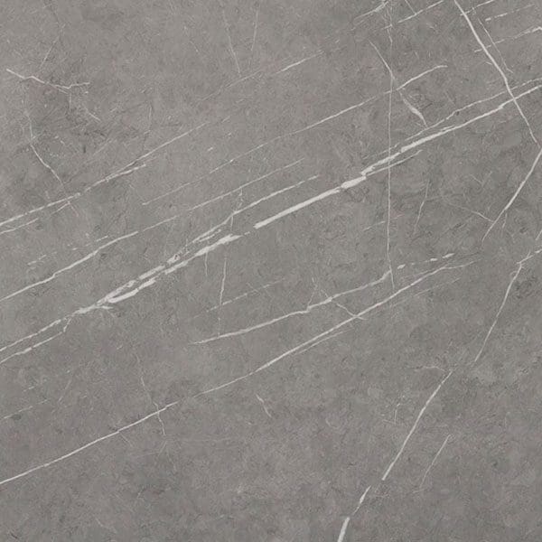 Close-up of a grey porcelain slab with white veins.