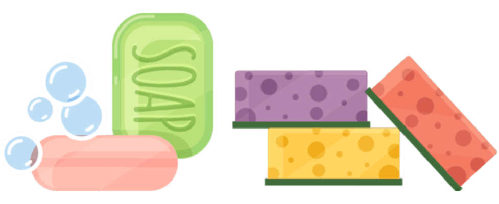 Illustration of various colorful bars of soap on a granite countertop, some with bubbles.