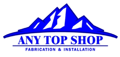 Logo of "any top shop" featuring stylized blue mountains above the company name, emphasizing their focus on fabrication and installation.