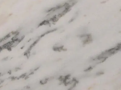 Close-up of a natural stone countertop surface with gray veins on a white background.
