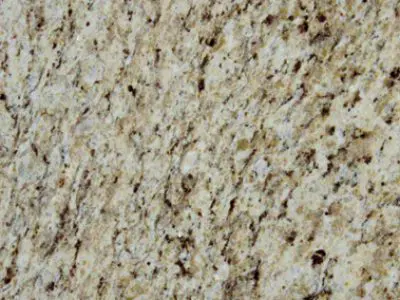 Close-up of a beige granite countertop texture with speckled patterns of brown and black.