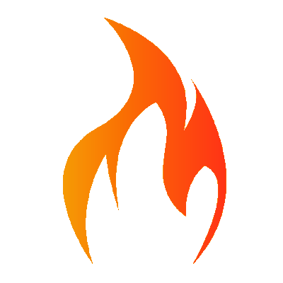 An orange flame icon with a modern, stylized design on a granite countertop.