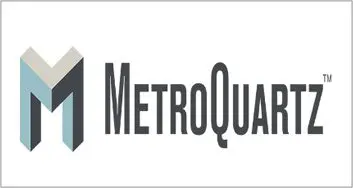 Logo of MetroQuartz, a countertop company, featuring a stylized gray letter 'm' next to the company name in gray and black font.