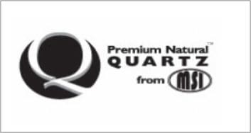 Logo design for a countertop company featuring the text "premium natural quartz" with a stylized "q" on the left and the msi company logo on the right.