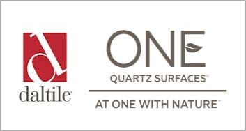 Logo of the countertop company Daltile featuring the text "one quartz surfaces" and the tagline "at one with nature" with a stylized leaf icon.