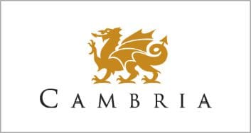 Logo featuring a golden dragon above the word "cambria" in black serif font, representing a countertop company, on a white background.