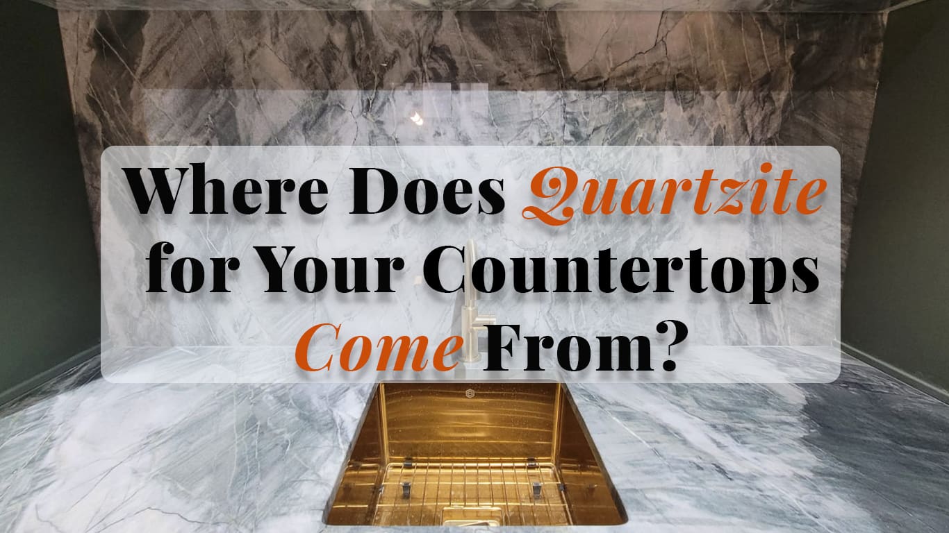 Polished quartzite countertop slab with dramatic natural veining and an integrated sink, showcasing the beauty of natural stone.