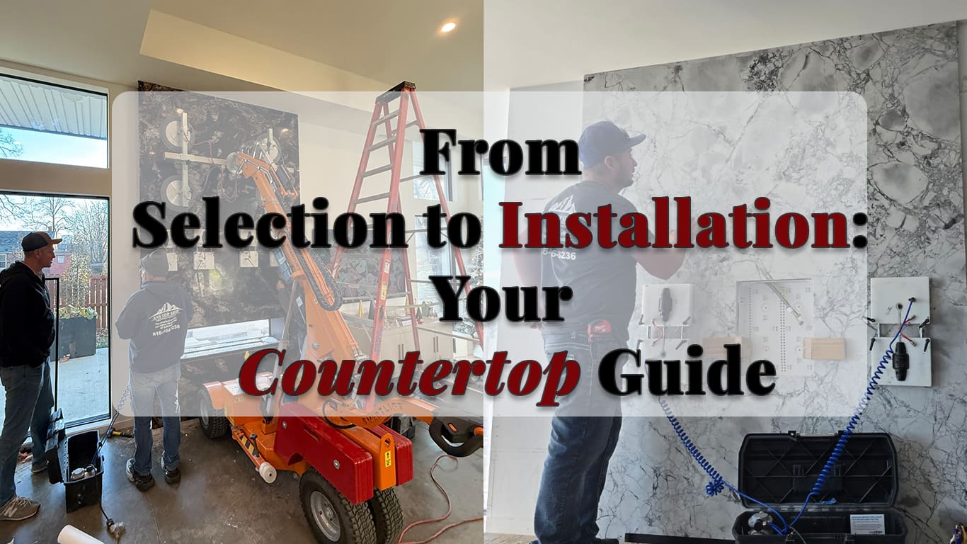 Countertop installation professionals transporting and positioning large natural stone slabs inside a residential home during a custom countertop installation project.