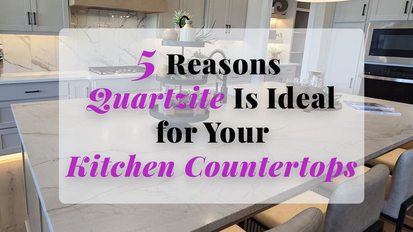 Bright modern kitchen featuring a large quartzite island countertop with natural veining, white cabinetry, pendant lighting, and built-in appliances.
