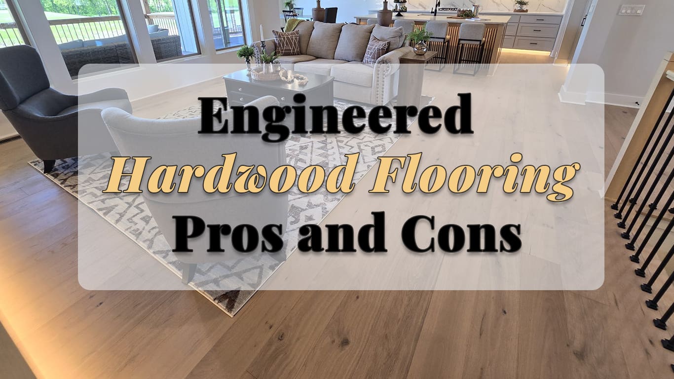 Engineered hardwood flooring installed in a modern open-concept living room featuring warm wood tones, contemporary furnishings, and seamless transitions between living spaces.