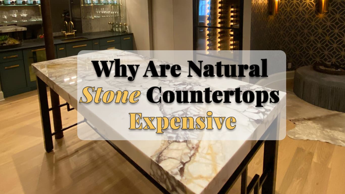 Large natural stone countertop slab with dramatic veining displayed in a luxury showroom, highlighting the unique patterns and craftsmanship of premium stone surfaces.