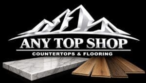 Any Top Shop logo featuring mountain graphics, marble countertops, and wood flooring materials on a black background