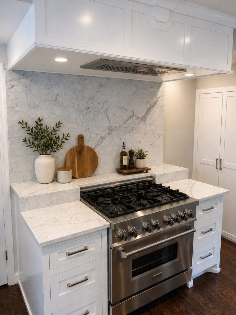 Modern white kitchen with quartz countertops, full-height quartz backsplash, custom cabinetry, and a professional gas range.