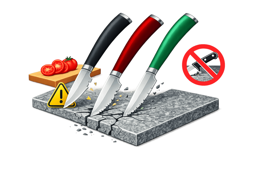 Granite countertop cutting caution icon showing three colored knives damaging a cracked granite surface with warning signs and a cutting board, illustrating that cutting directly on granite can dull knives and harm the countertop.