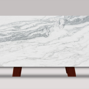 Full slab of Montclair Danby marble featuring a bright white background with dramatic gray veining and bold natural stone movement.