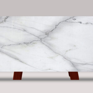 Full slab of Calacatta Lincoln marble featuring a bright white background with elegant gray veining and natural stone movement.
