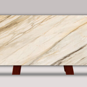 Full slab of Calacatta Gold marble featuring a white background with flowing gray and warm gold veining throughout the natural stone surface.