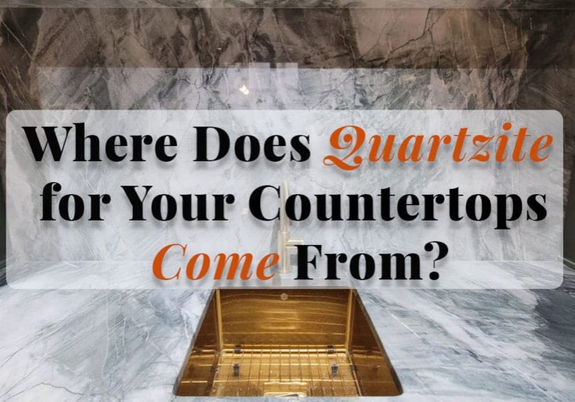 Polished quartzite countertop slab with dramatic natural veining and an integrated sink, showcasing the beauty of natural stone.