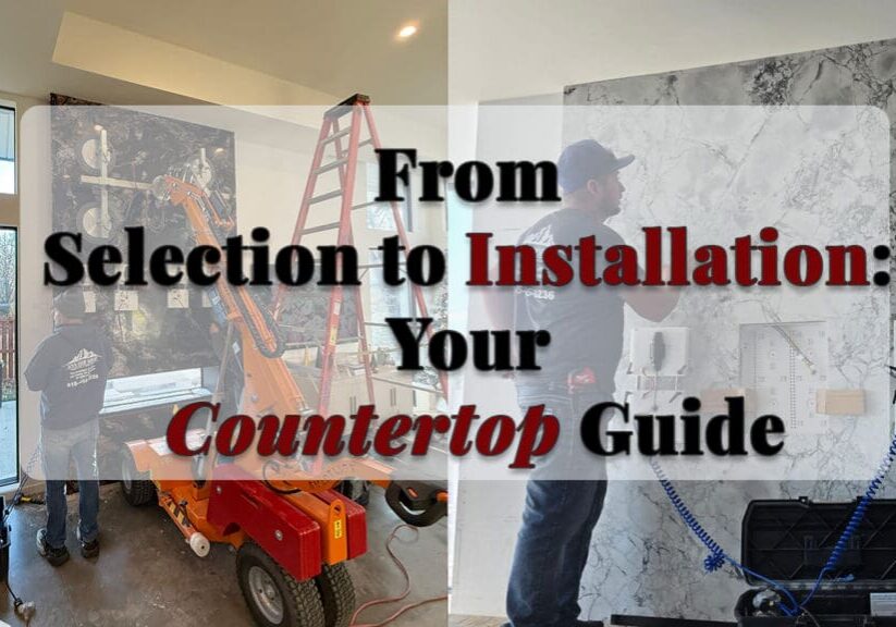 Countertop installation professionals transporting and positioning large natural stone slabs inside a residential home during a custom countertop installation project.
