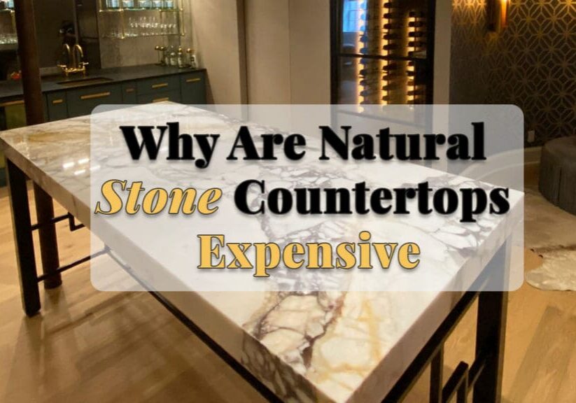 Large natural stone countertop slab with dramatic veining displayed in a luxury showroom, highlighting the unique patterns and craftsmanship of premium stone surfaces.