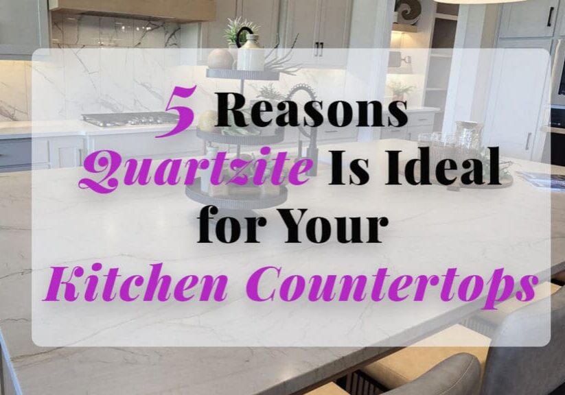 Bright modern kitchen featuring a large quartzite island countertop with natural veining, white cabinetry, pendant lighting, and built-in appliances.