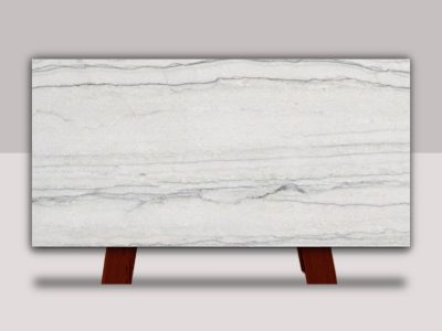 Full slab of Luce Di Luna quartzite featuring a crisp white background with soft horizontal gray veining and delicate natural movement throughout the stone.