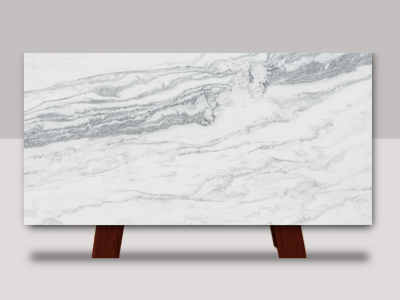 Full slab of Montclair Danby marble featuring a bright white background with dramatic gray veining and bold natural stone movement.