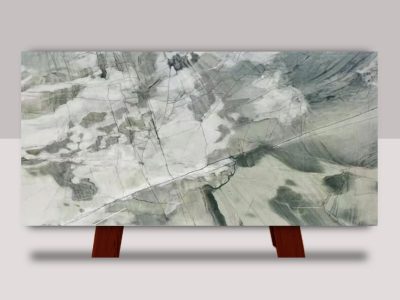Acquabella quartzite slab with dramatic gray and white movement showcased for custom stone installation in Kansas City