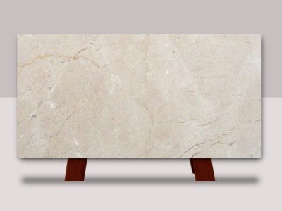 Full slab of Crema Marfil marble featuring warm beige tones, subtle veining, and soft natural stone variation.